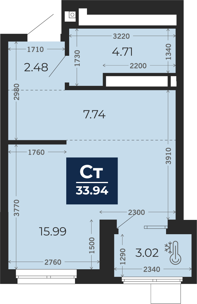Квартира № 165, Студия, 33.94 кв. м, 22 этаж