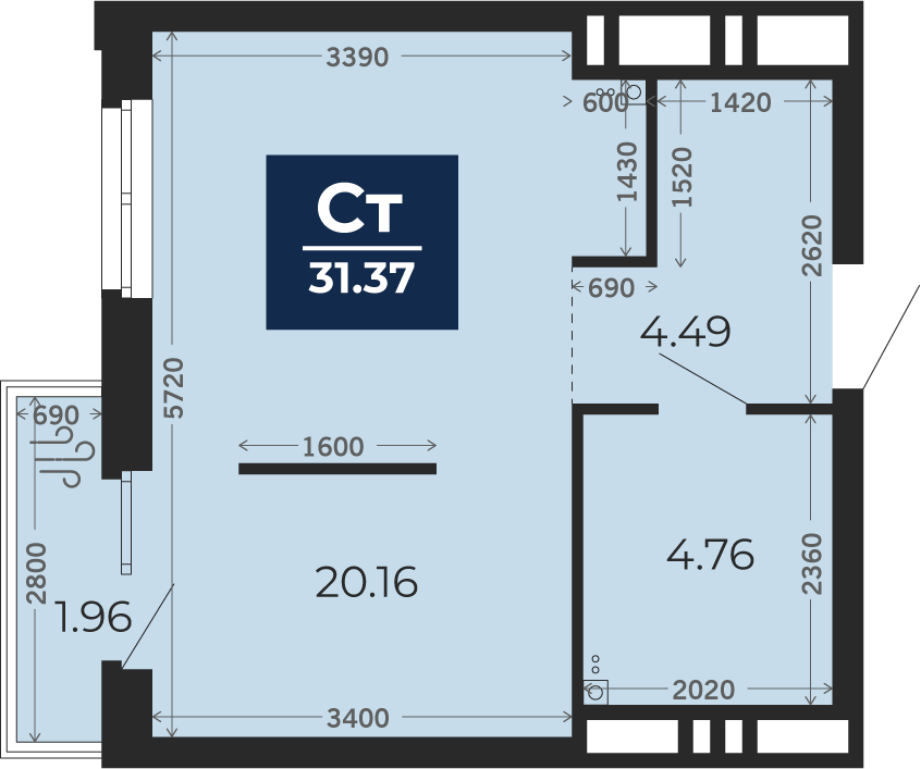 Квартира № 144, Студия, 31.37 кв. м, 19 этаж