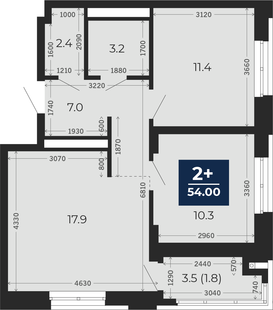 Квартира № 254, 2-комнатная, 55.7 кв. м, 8 этаж