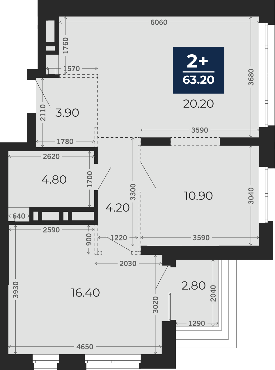 Квартира № 114, 2-комнатная, 63.2 кв. м, 15 этаж