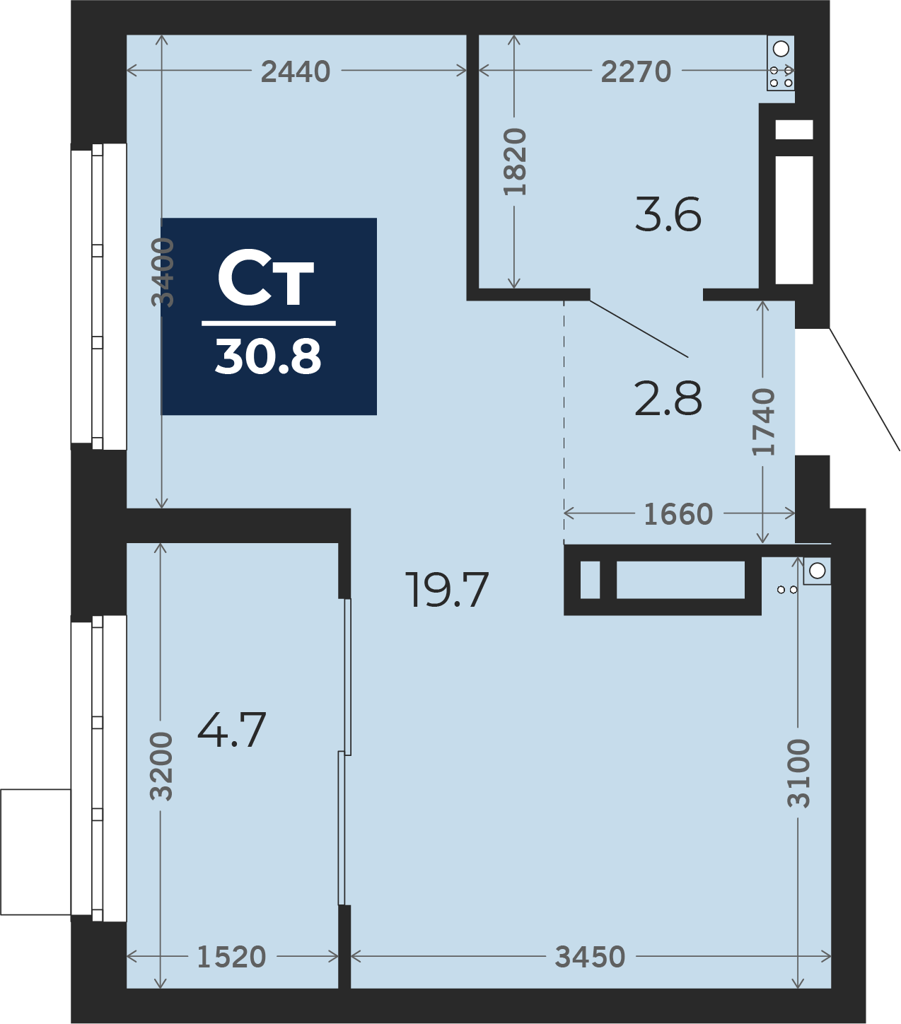 Квартира № 158, Студия, 31.53 кв. м, 14 этаж
