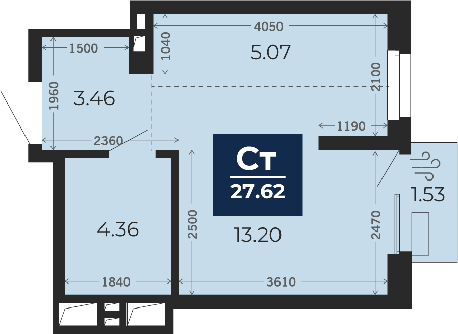 Квартира № 243, Студия, 27.62 кв. м, 12 этаж