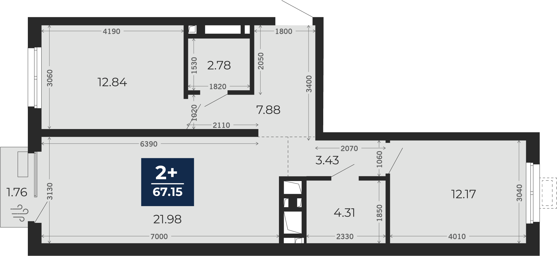 Квартира № 253, 2-комнатная, 67.15 кв. м, 13 этаж
