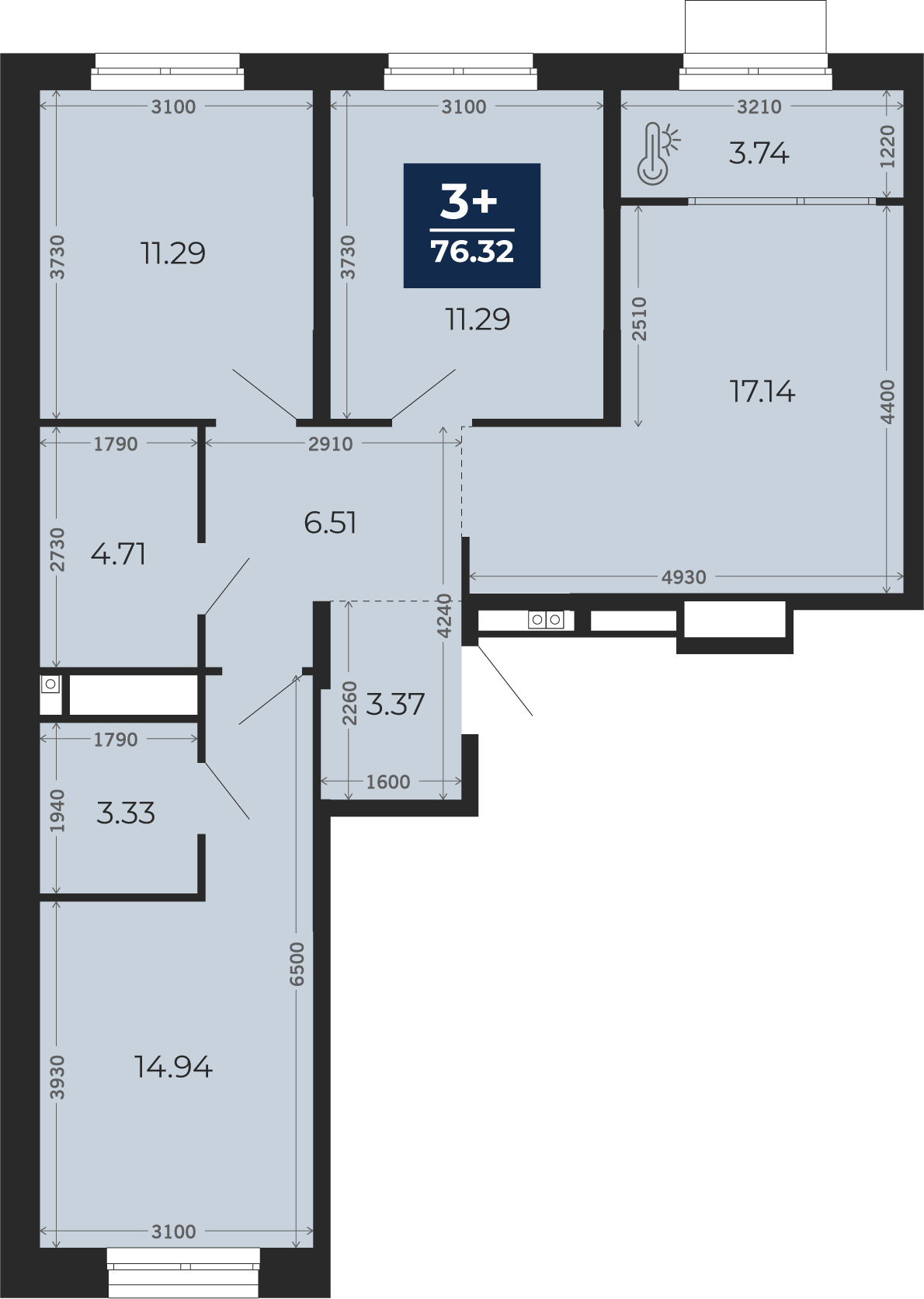 Квартира № 181, 3-комнатная, 76.32 кв. м, 8 этаж