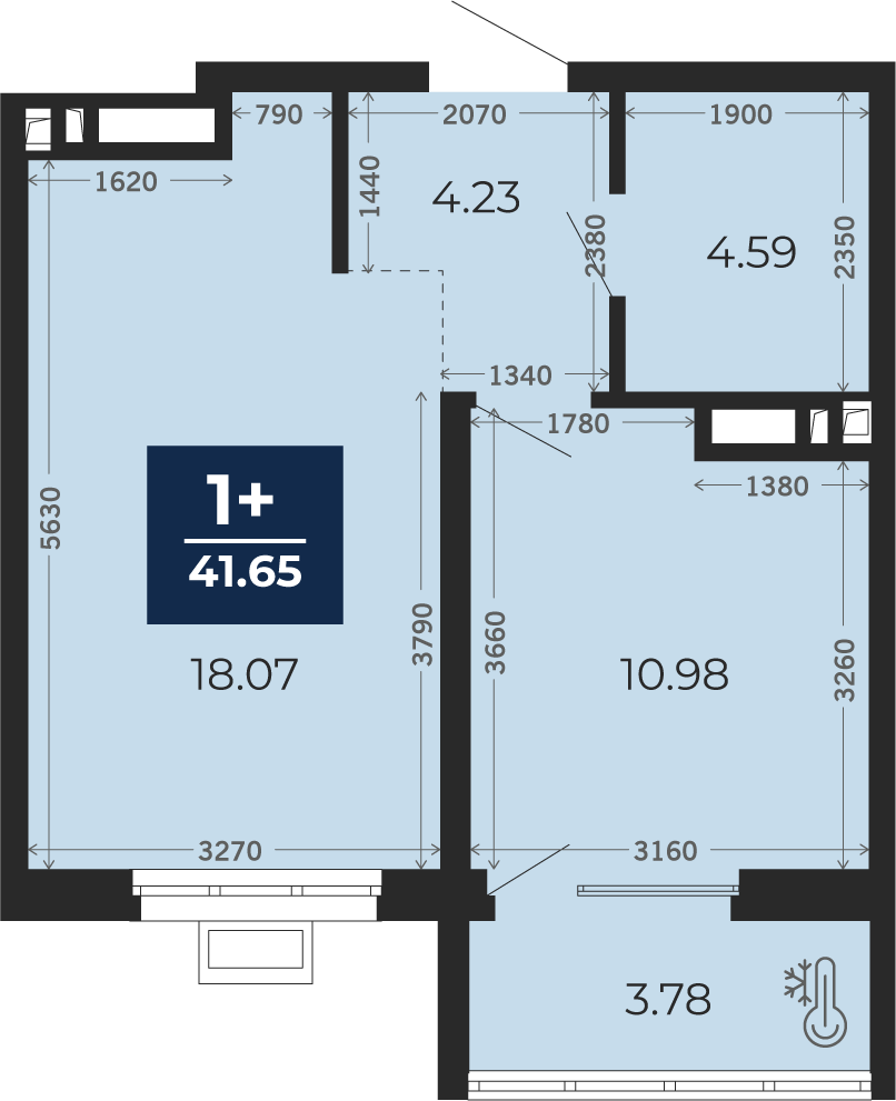 Квартира № 838, 1-комнатная, 41.65 кв. м, 14 этаж