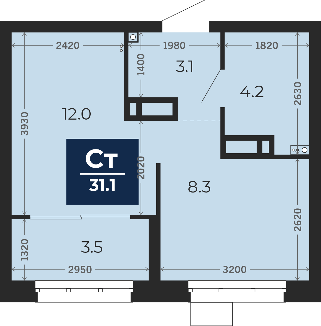 Квартира № 45, Студия, 31.85 кв. м, 10 этаж
