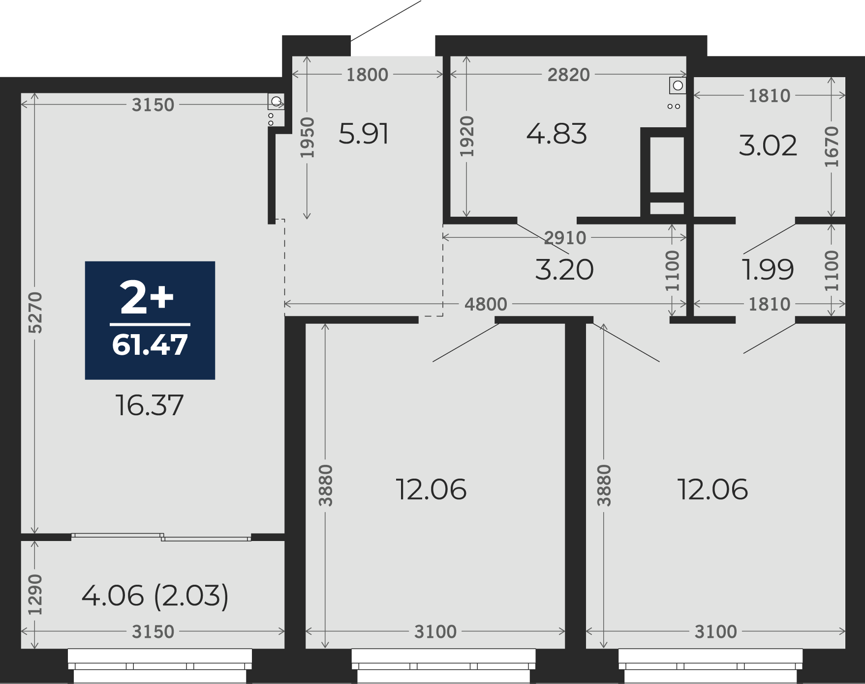 Квартира № 193, 2-комнатная, 63.5 кв. м, 14 этаж