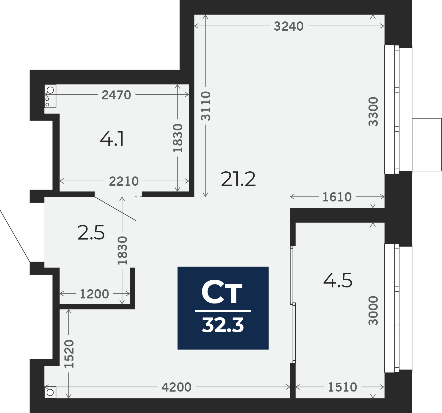 Квартира № 463, Студия, 32.98 кв. м, 7 этаж
