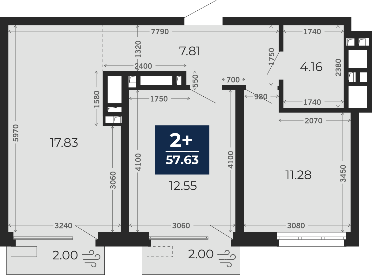 Квартира № 284, 2-комнатная, 57.63 кв. м, 14 этаж