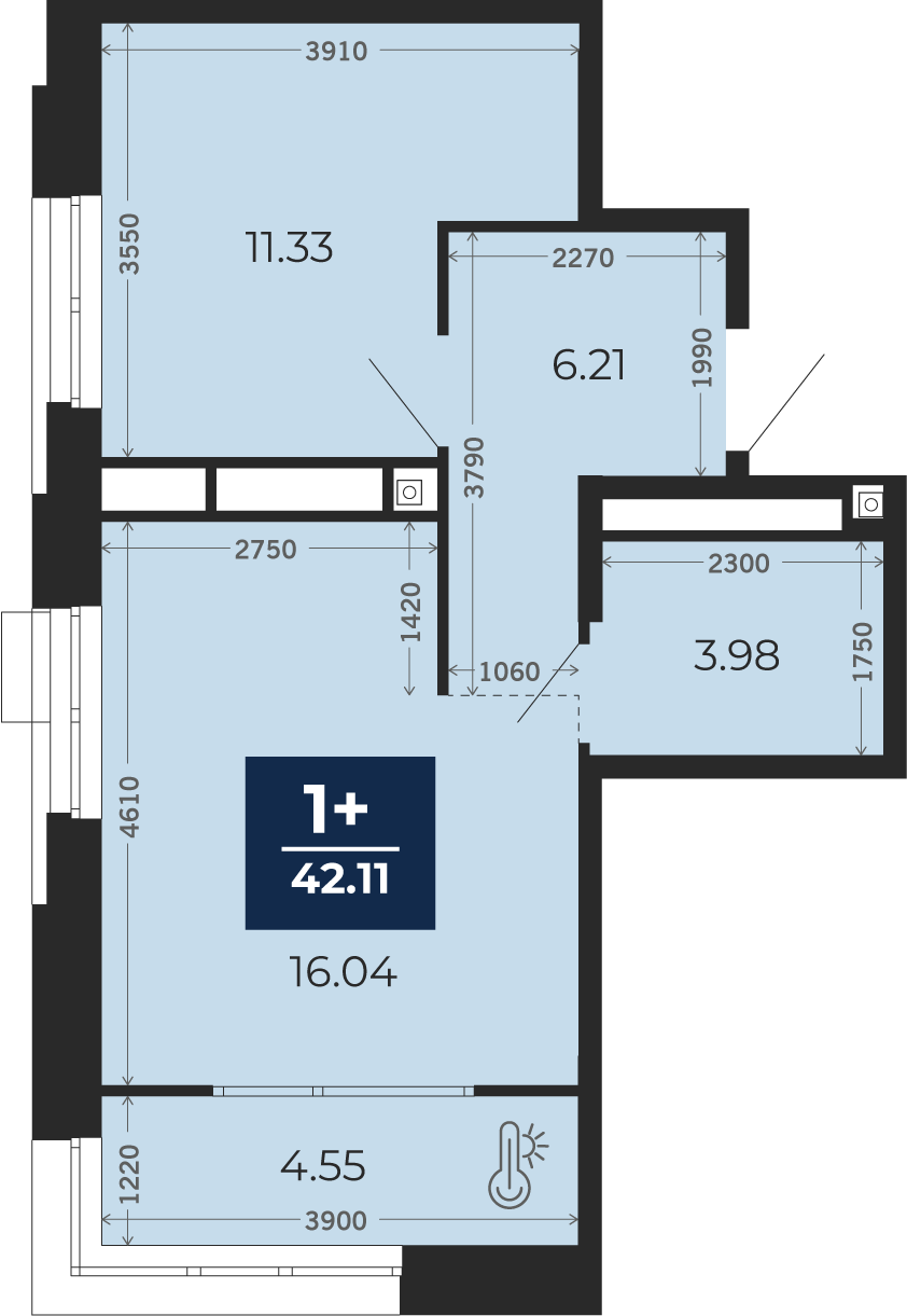 Квартира № 240, 1-комнатная, 42.11 кв. м, 5 этаж