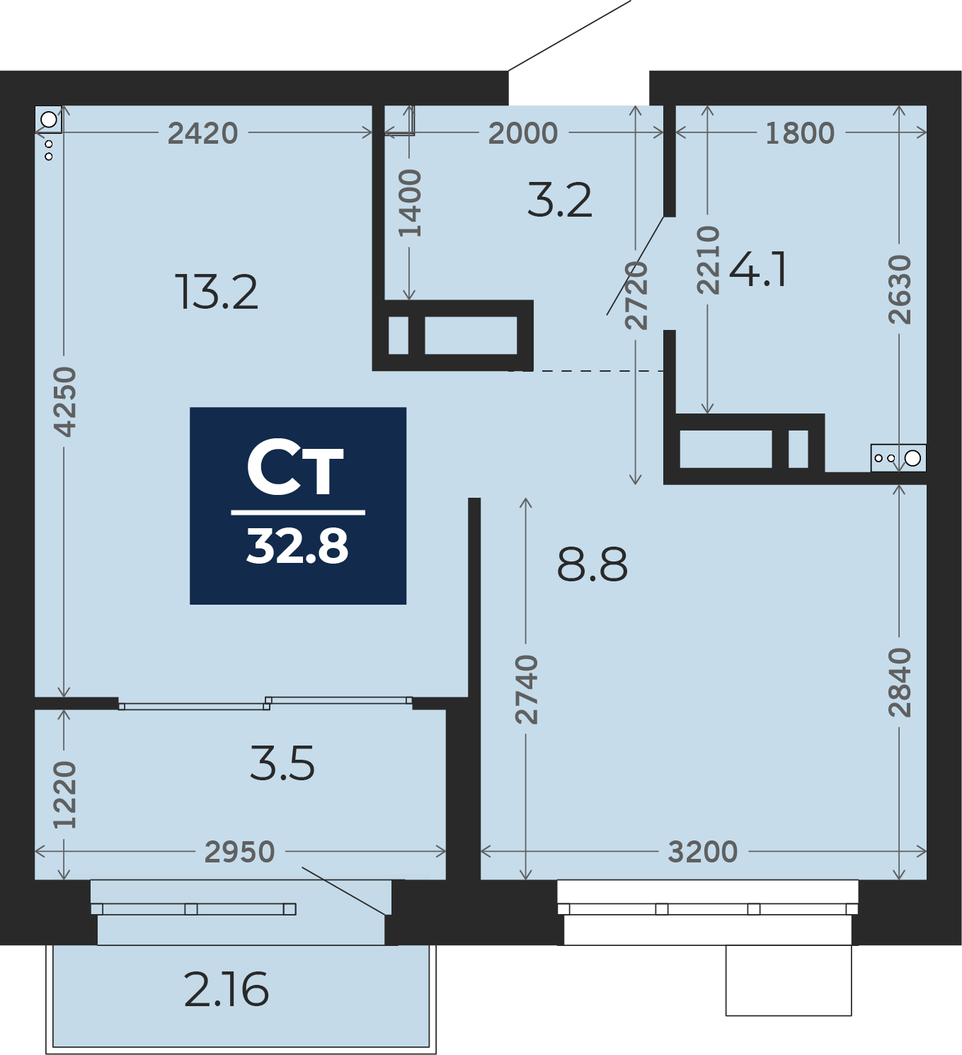 Квартира № 588, Студия, 35.59 кв. м, 9 этаж