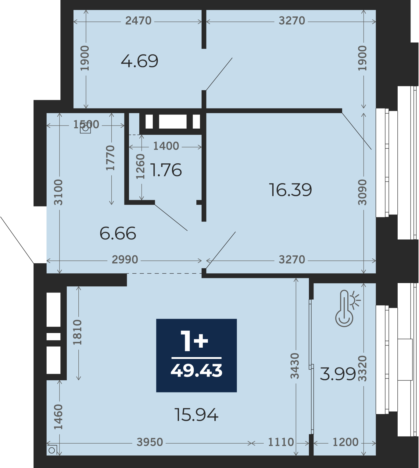 Квартира № 286, 1-комнатная, 49.43 кв. м, 12 этаж