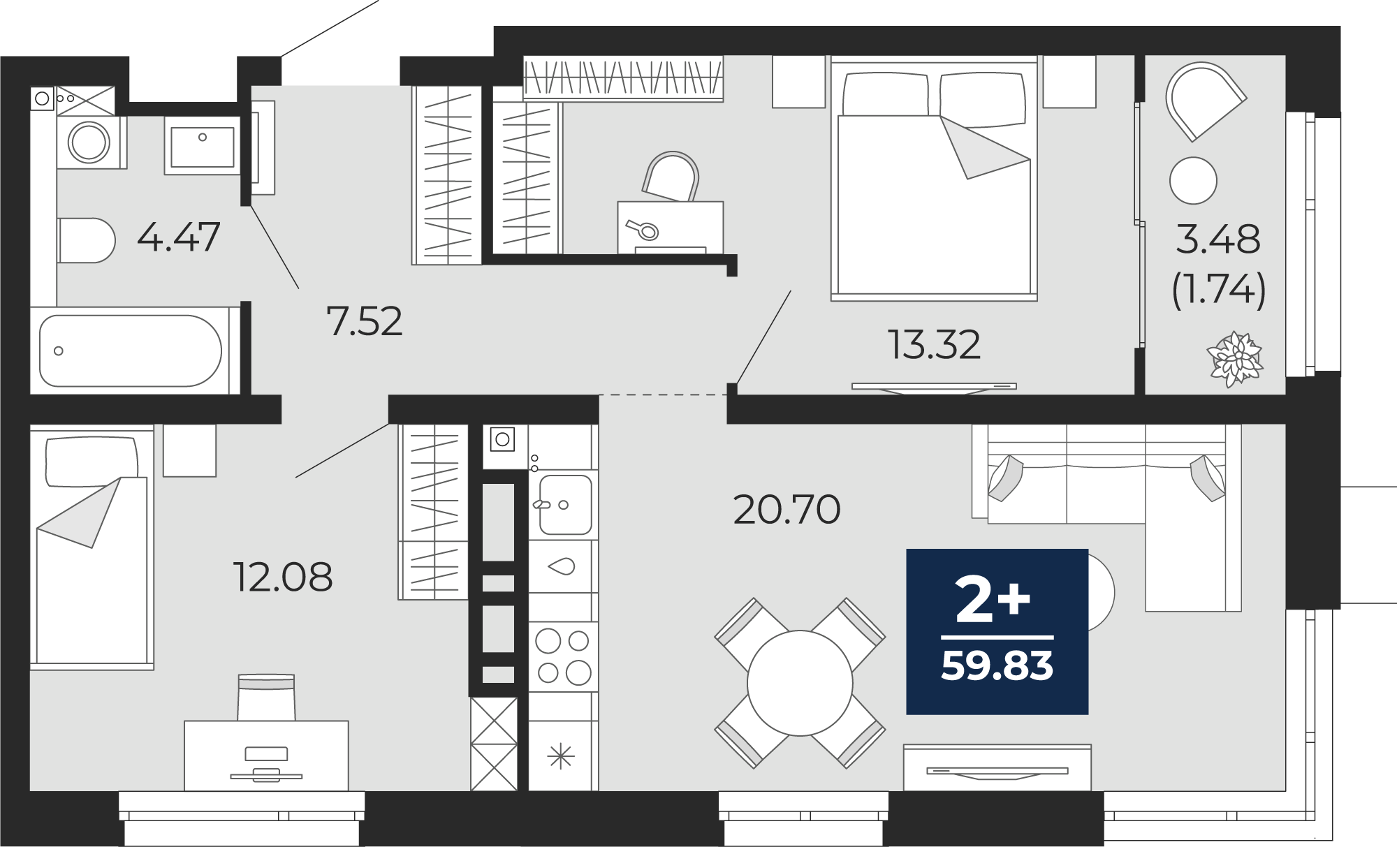 Квартира № 402, 2-комнатная, 61.57 кв. м, 14 этаж