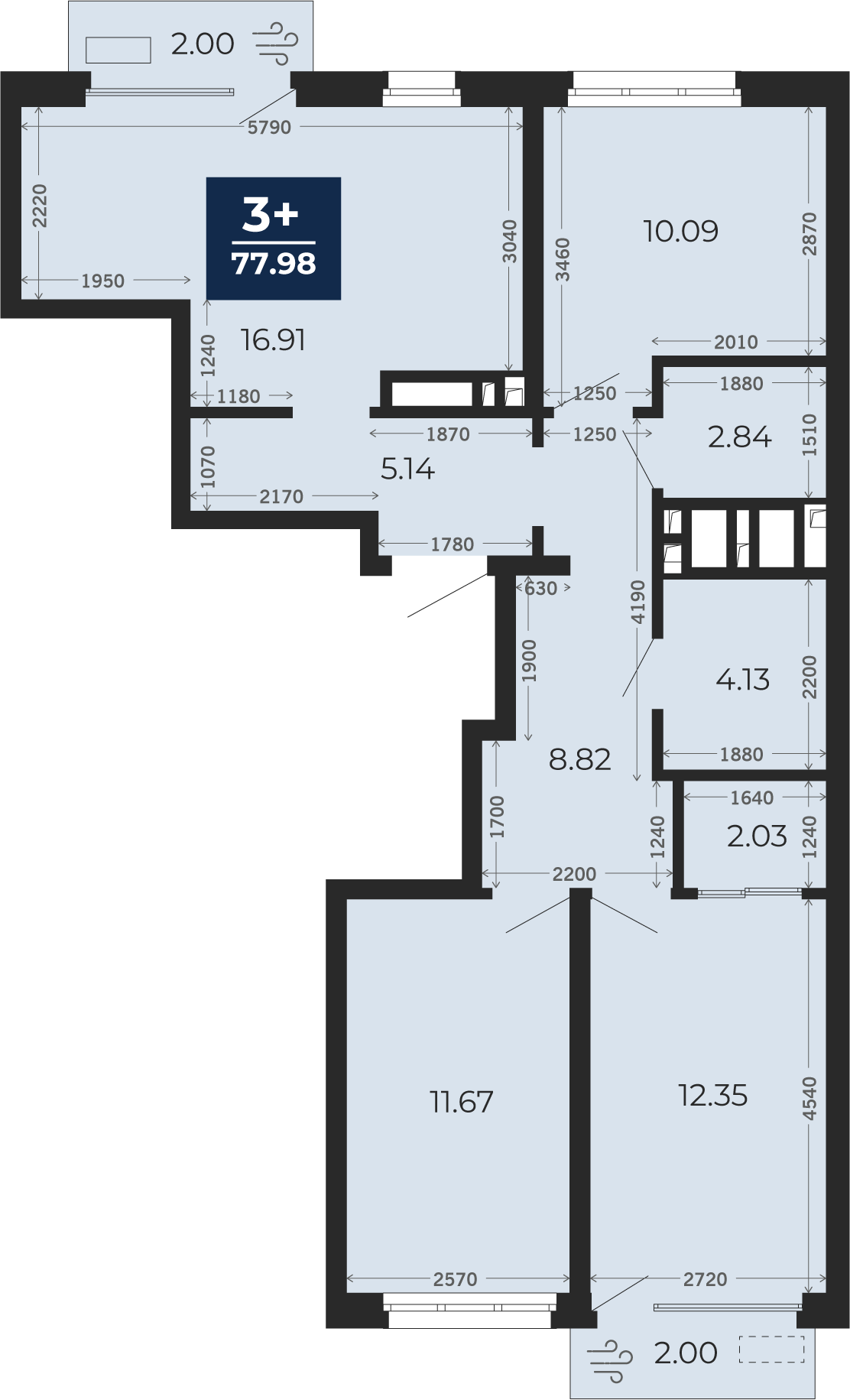 Квартира № 524, 3-комнатная, 77.98 кв. м, 18 этаж