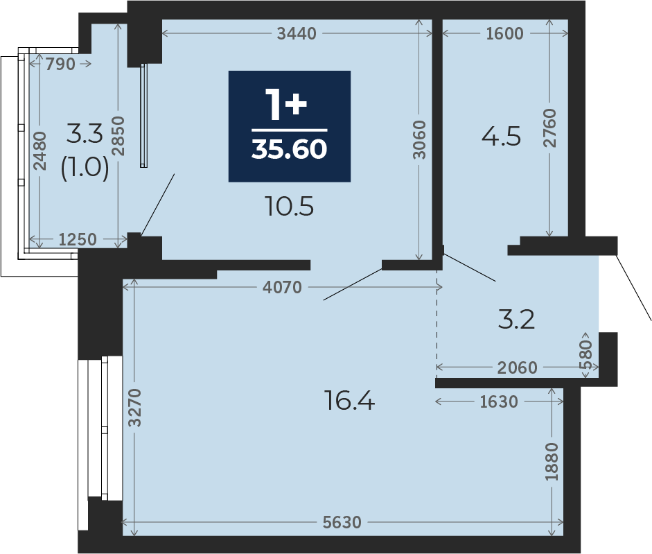 Квартира № 376, 1-комнатная, 37.9 кв. м, 3 этаж