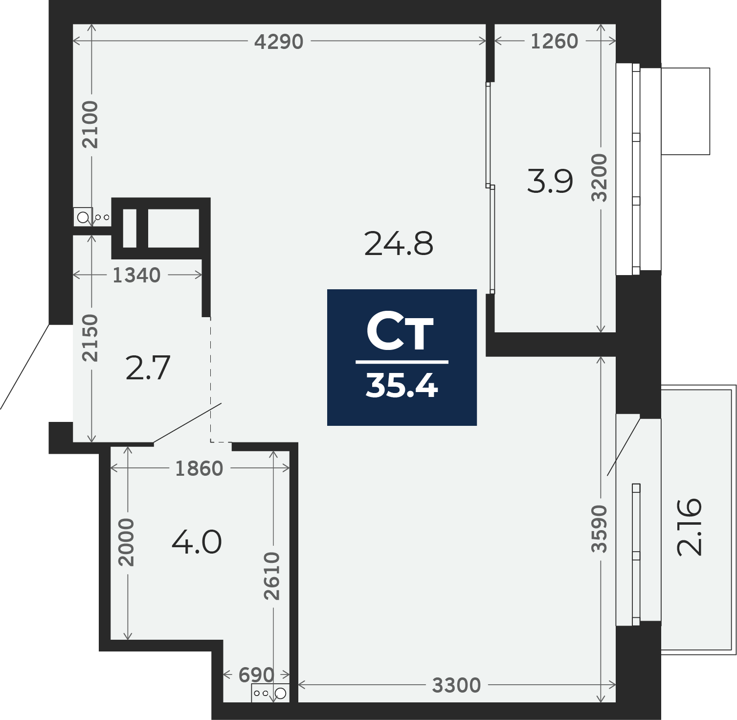 Квартира № 430, Студия, 38.26 кв. м, 12 этаж