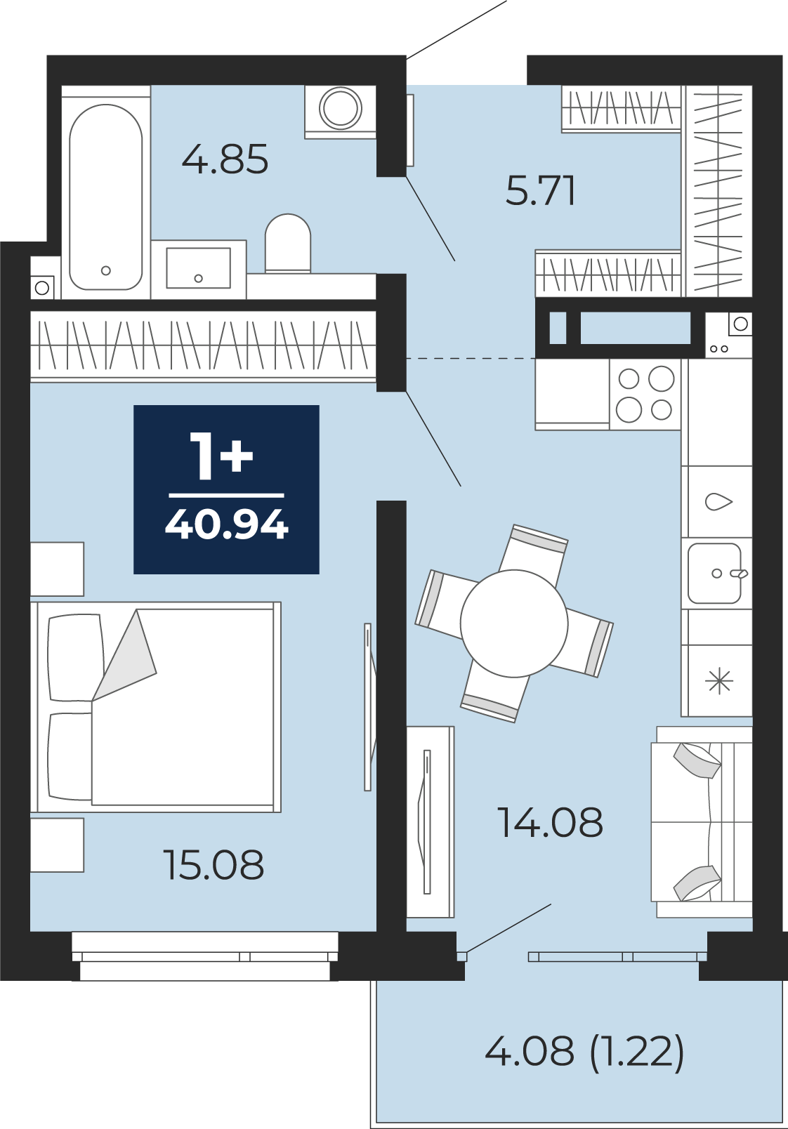 Квартира № 17, 1-комнатная, 43.8 кв. м, 3 этаж