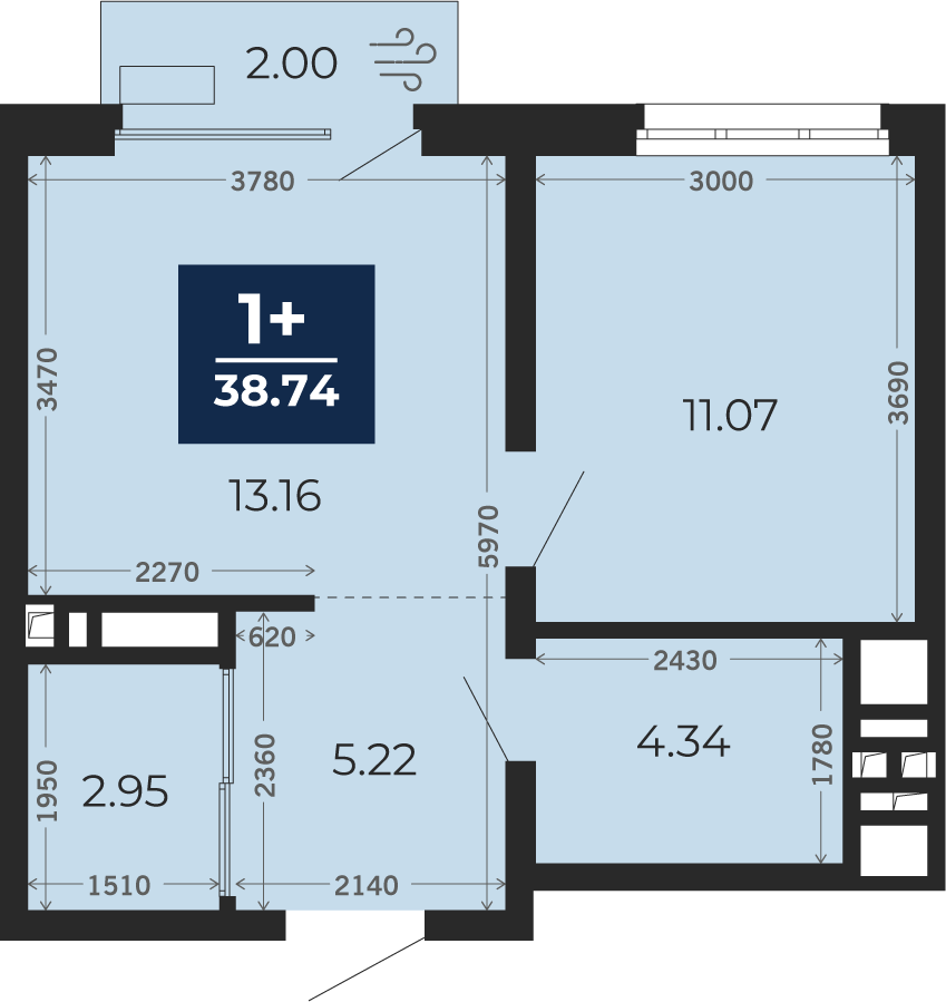 Квартира № 828, 1-комнатная, 38.74 кв. м, 13 этаж