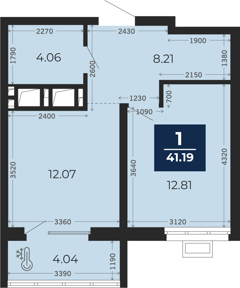 Квартира № 123, 1-комнатная, 41.19 кв. м, 16 этаж