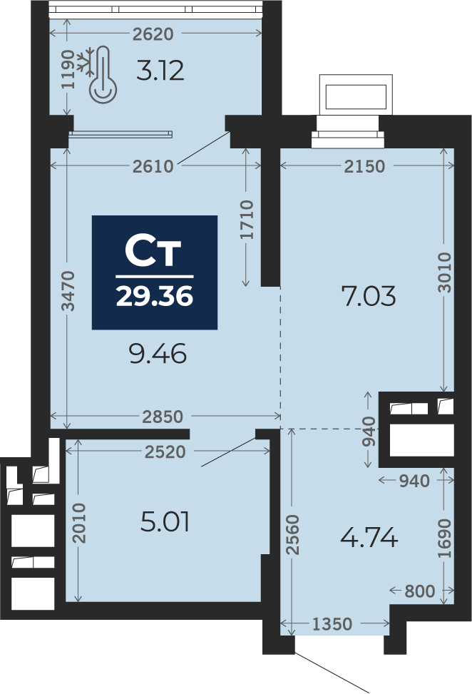 Квартира № 152, Студия, 29.36 кв. м, 20 этаж