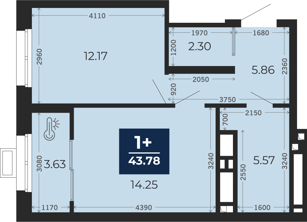 Квартира № 322, 1-комнатная, 43.78 кв. м, 5 этаж