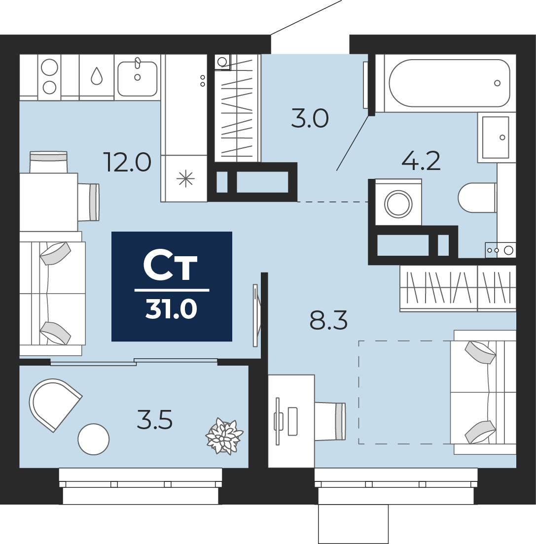 Квартира № 65, Студия, 31.85 кв. м, 14 этаж