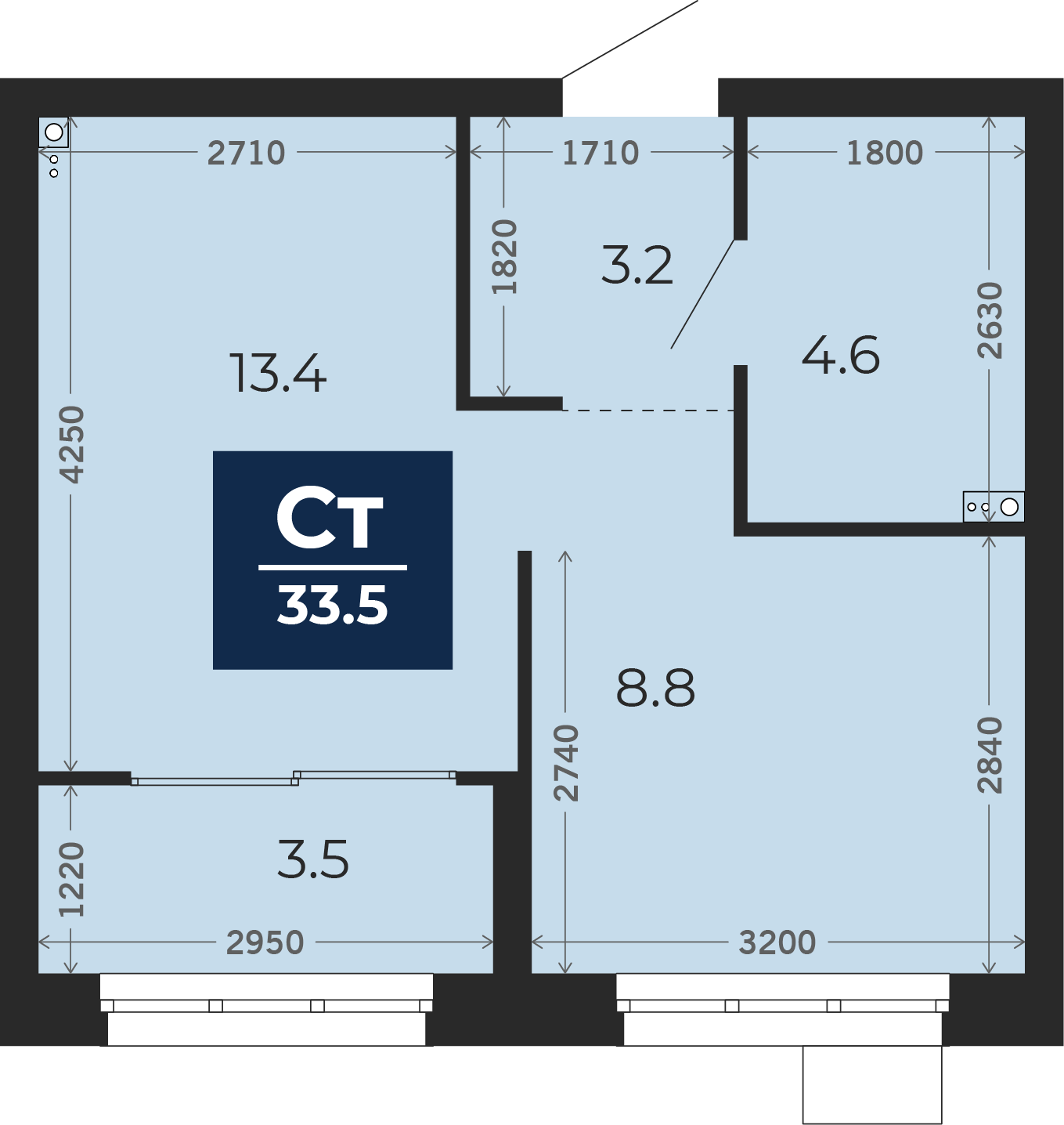 Квартира № 553, Студия, 34.19 кв. м, 2 этаж