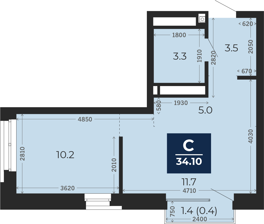 Квартира № 35, Студия, 35.1 кв. м, 8 этаж