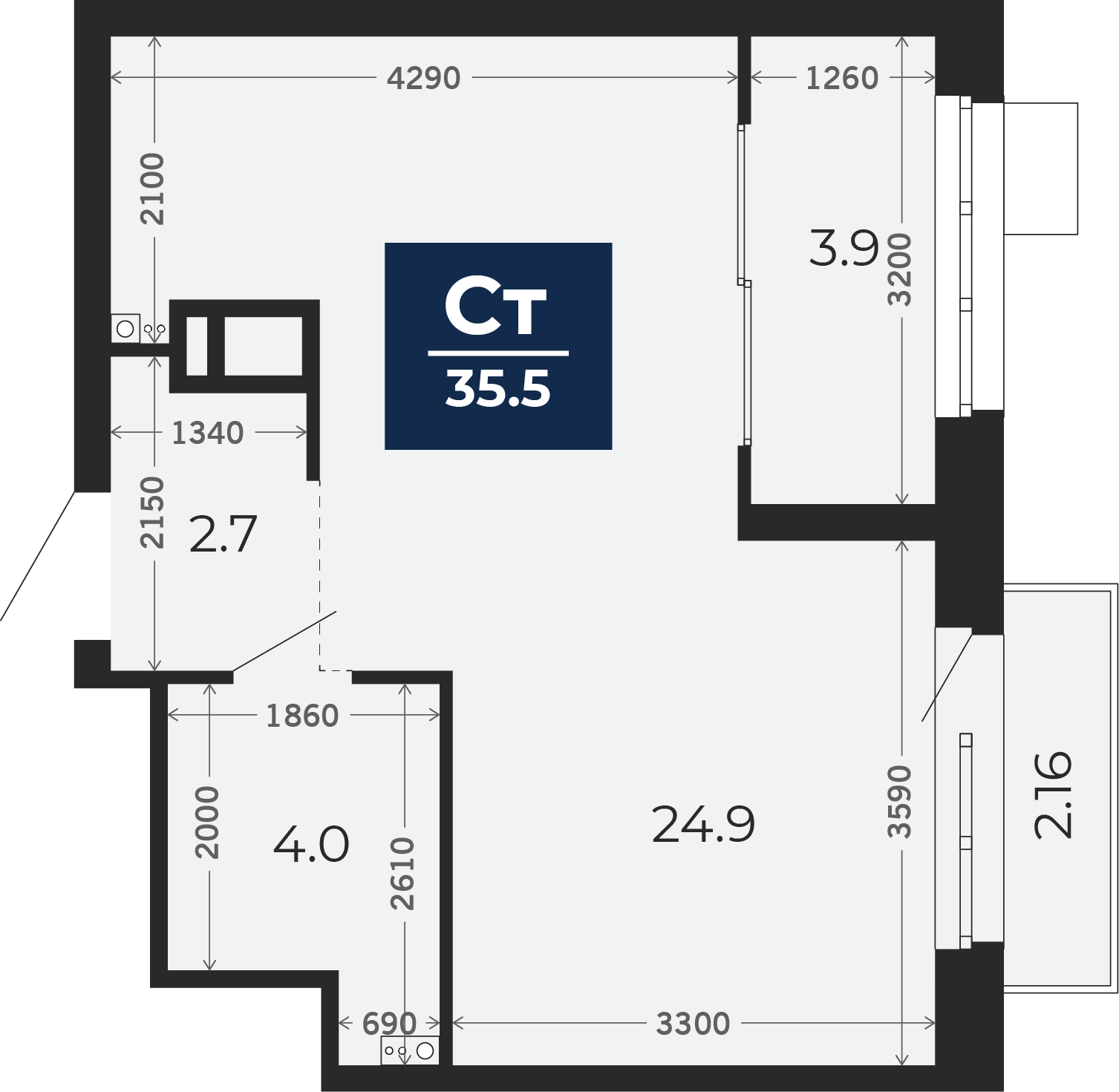 Квартира № 323, Студия, 38.48 кв. м, 14 этаж
