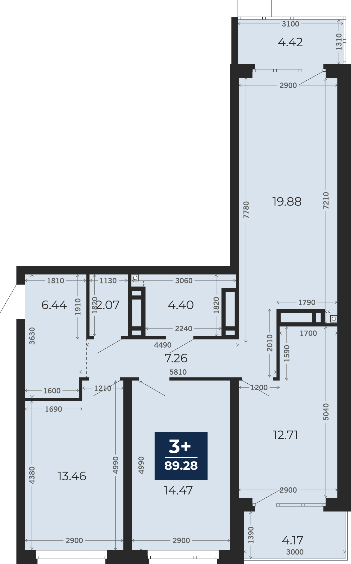 Квартира № 315, 3-комнатная, 89.28 кв. м, 21 этаж