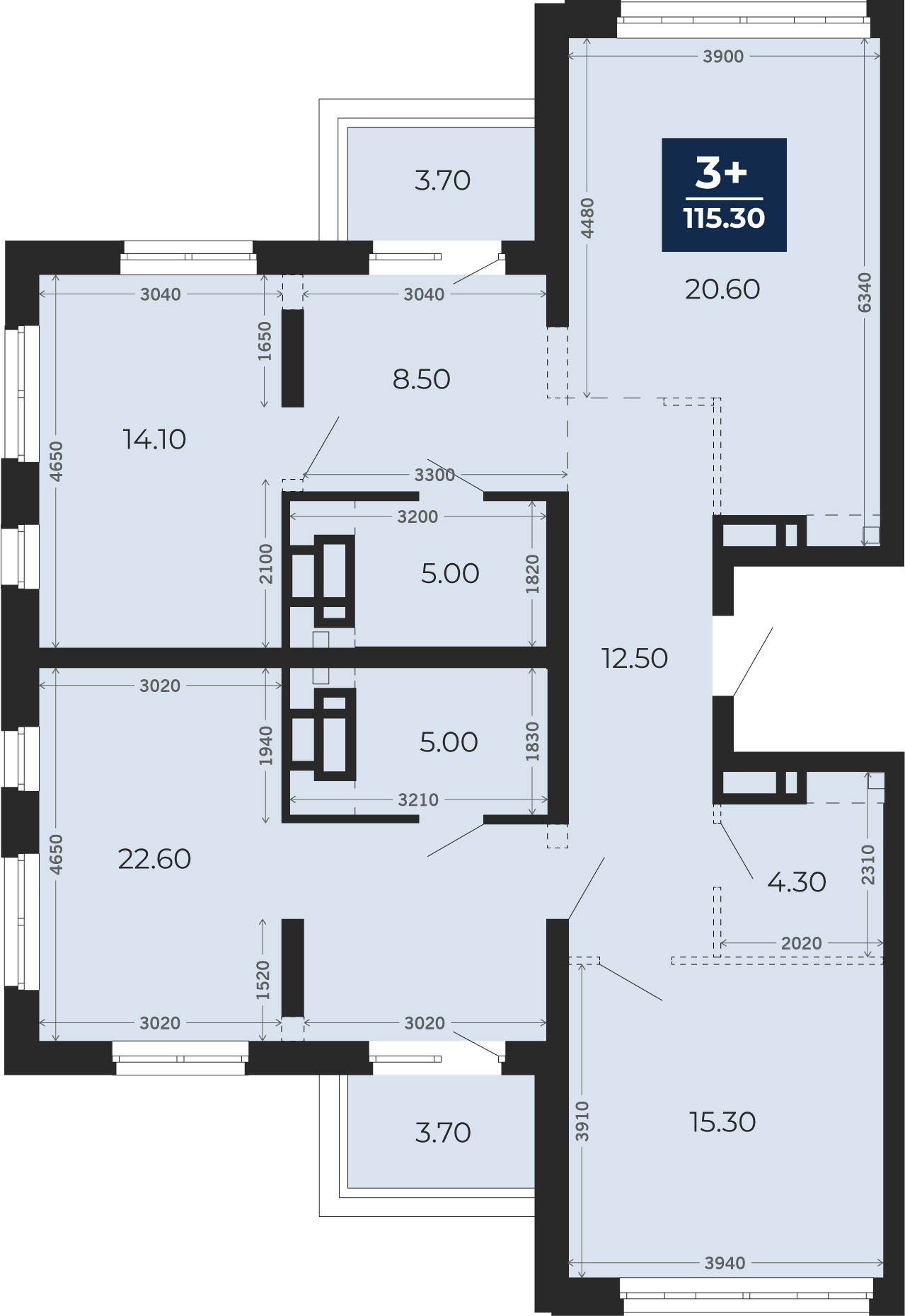Квартира № 438, 3-комнатная, 115.3 кв. м, 18 этаж