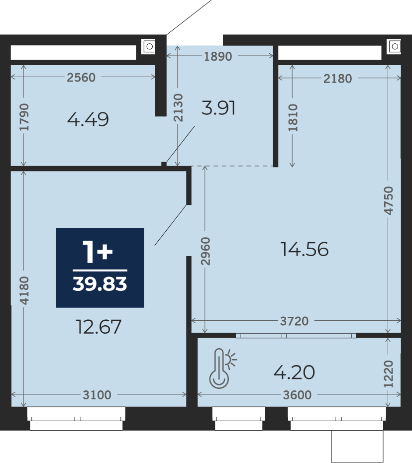 Квартира № 133, 1-комнатная, 39.83 кв. м, 15 этаж