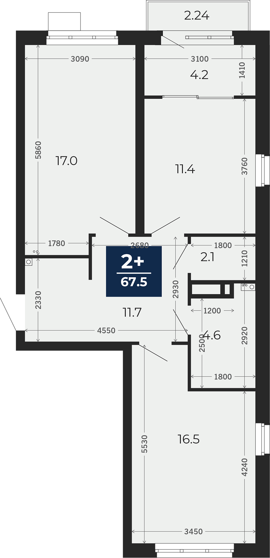 Квартира № 436, 2-комнатная, 71.23 кв. м, 21 этаж