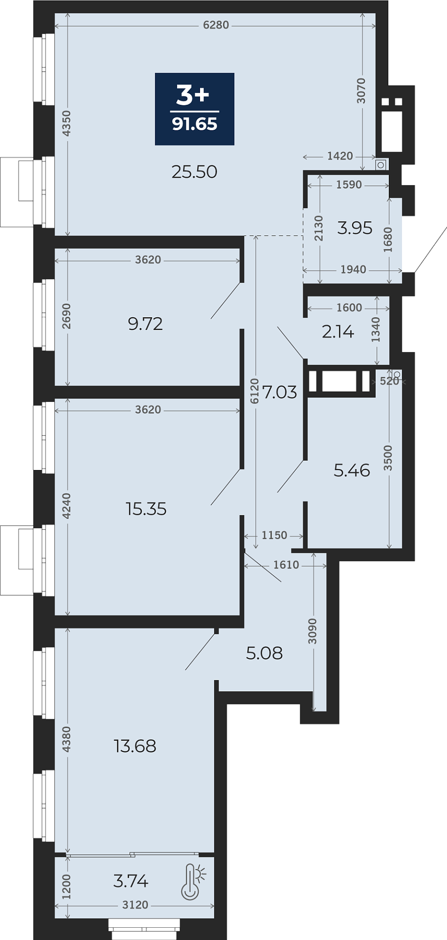 Квартира № 132, 3-комнатная, 91.65 кв. м, 13 этаж