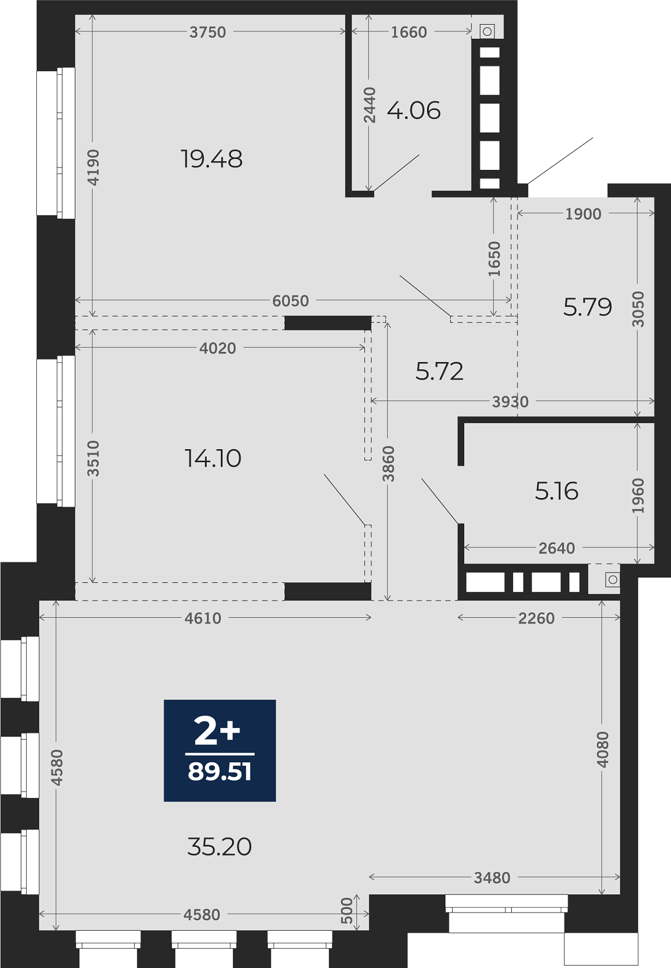 Квартира № 461, 2-комнатная, 89.51 кв. м, 2 этаж