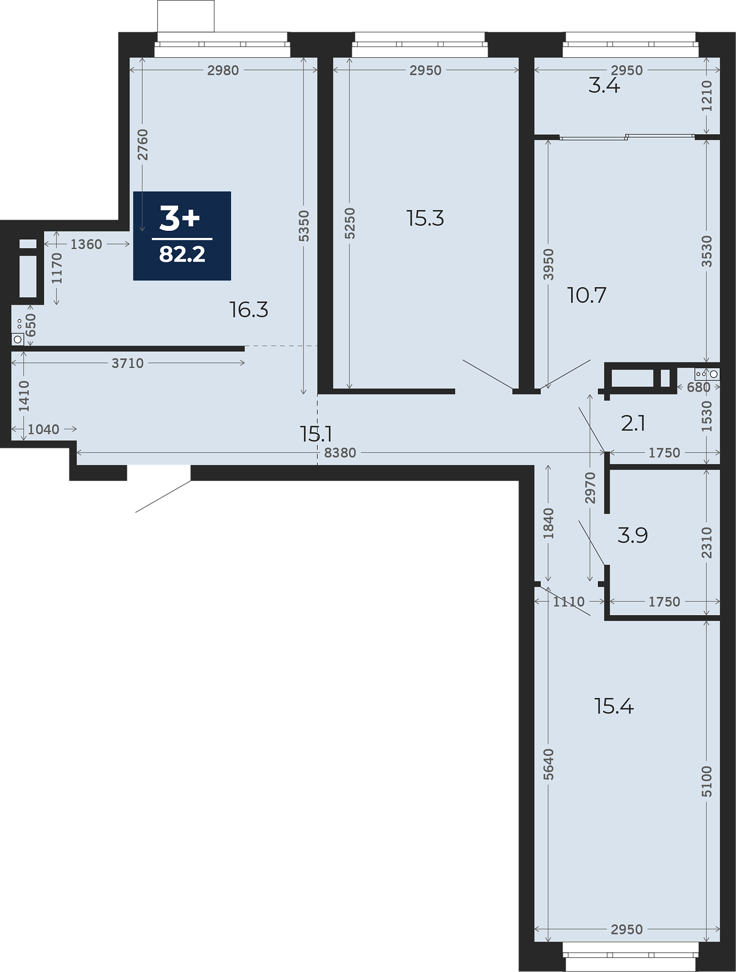 Квартира № 586, 3-комнатная, 84.05 кв. м, 9 этаж