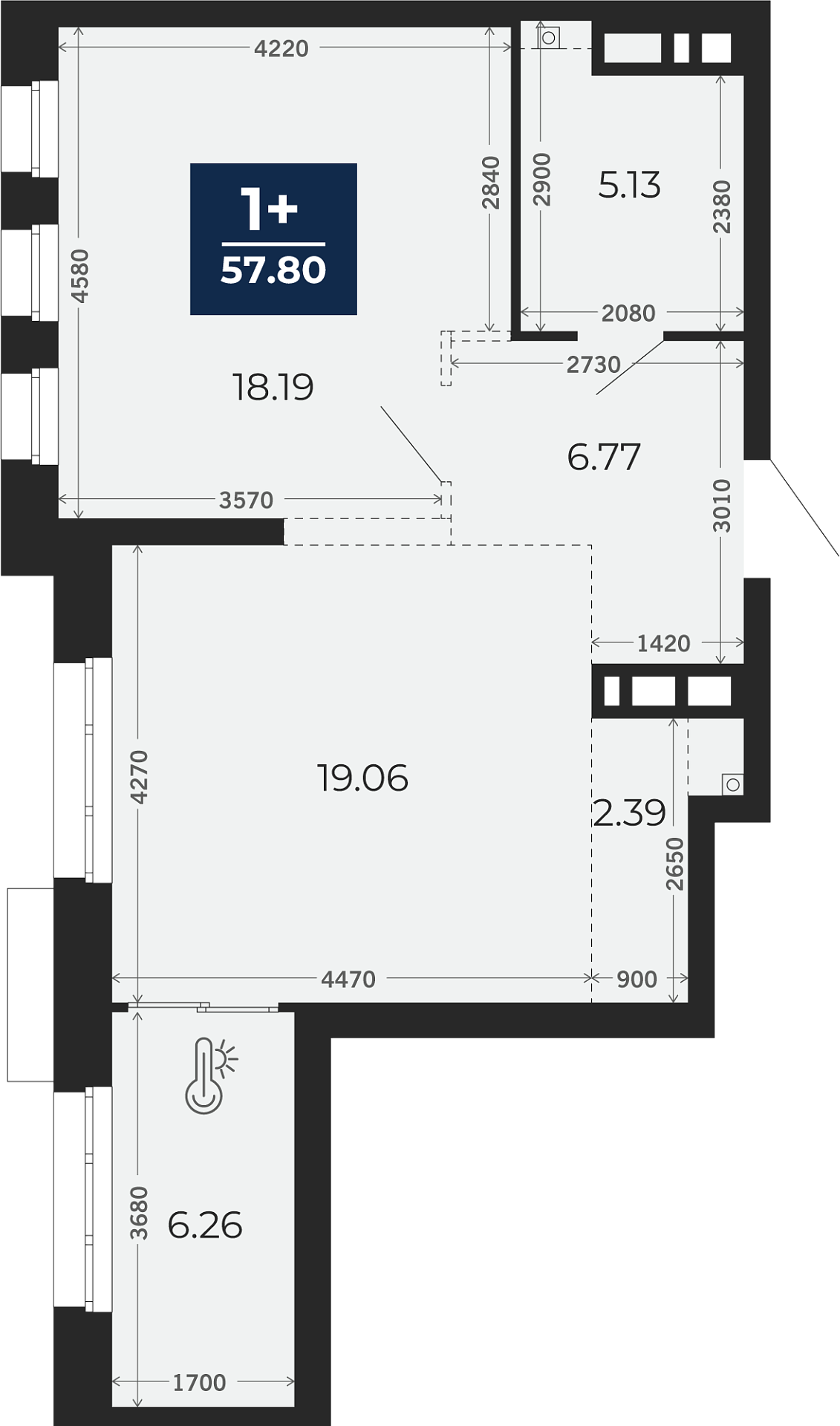Квартира № 477, 2-комнатная, 57.8 кв. м, 6 этаж
